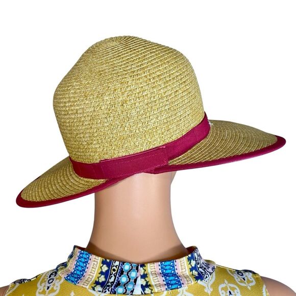 Sun N Sand Wide Brim Straw Hat w Fuchsia Trim UPF 50+ Protection Summer Must - Picture 4 of 8